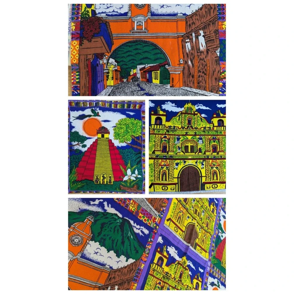Vintage Guatemalan Fabric Tablecloth San Andres Xecul Church Folk Art 60x96